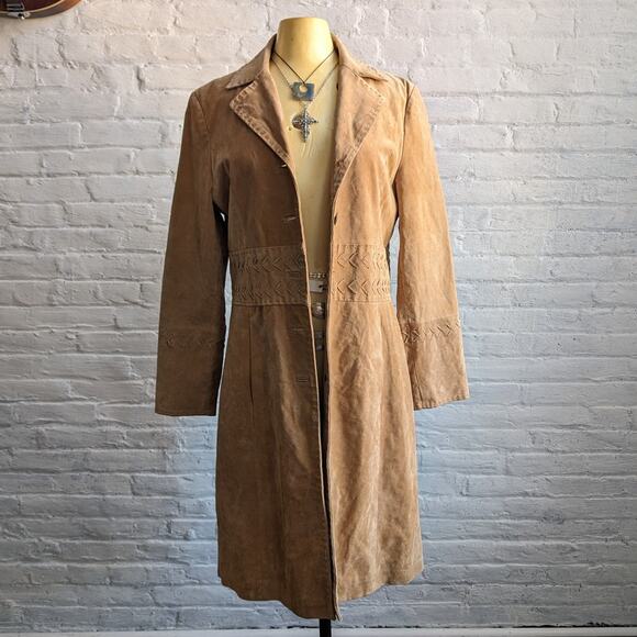 Y2K Tan Leather Trench Coat Neutral Suede Jacket Penny Lane Western Boho Large - Picture 1 of 15